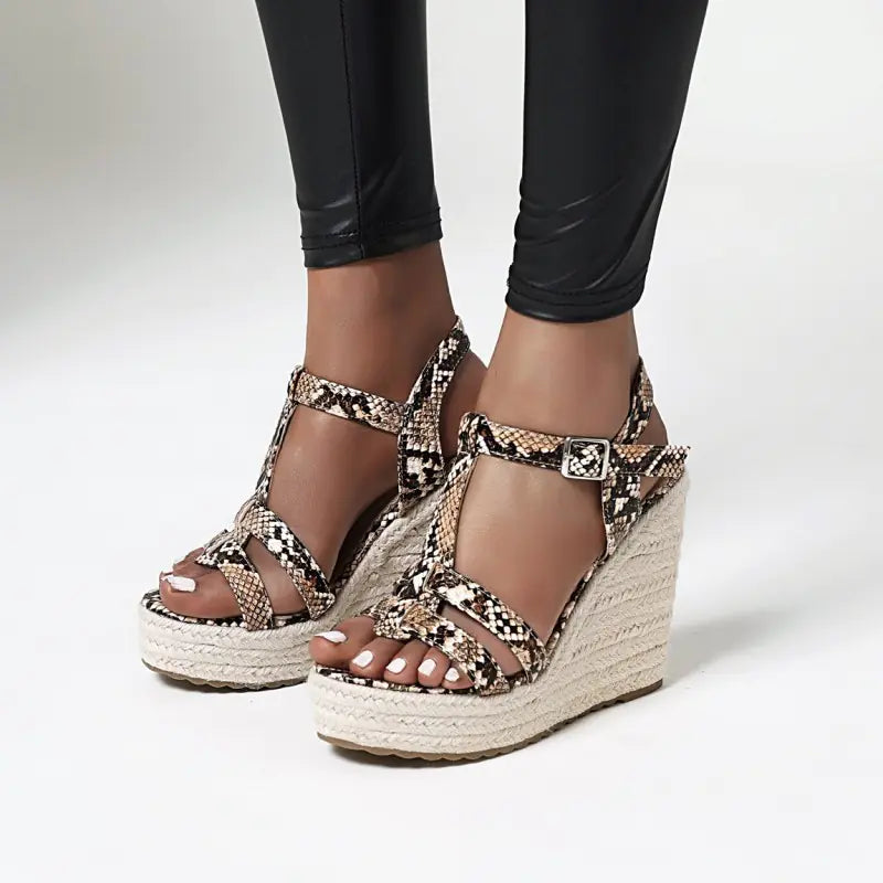 Large Snake Print Wedge Platform High Heel Sandals - Getyourglamon