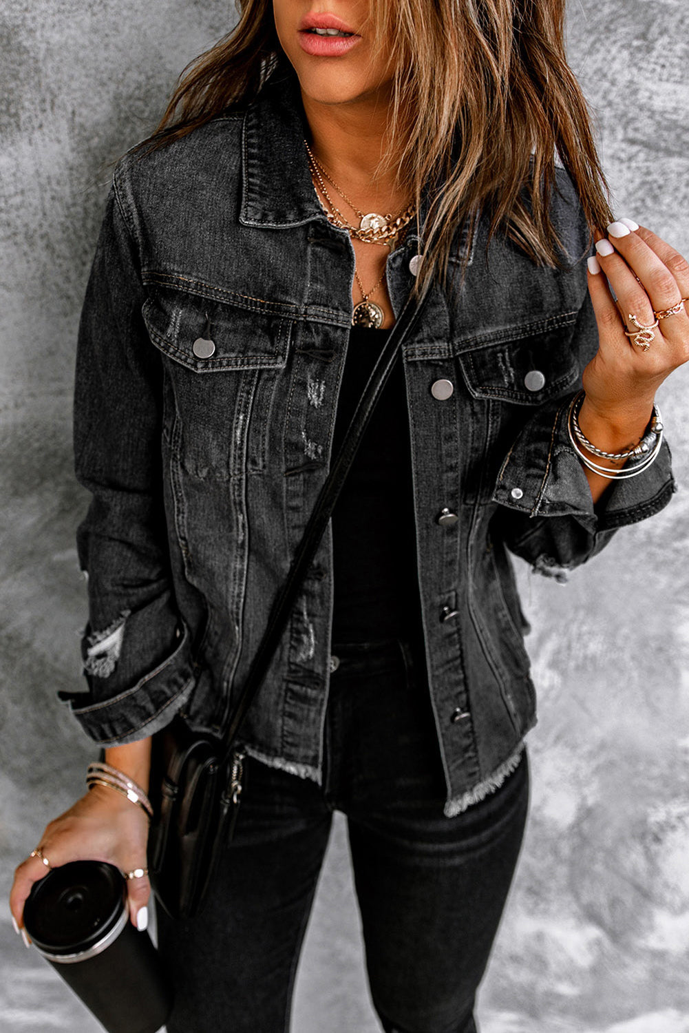 Denim Lapel Distressed Raw Hem Buttoned Jacket - Getyourglamon