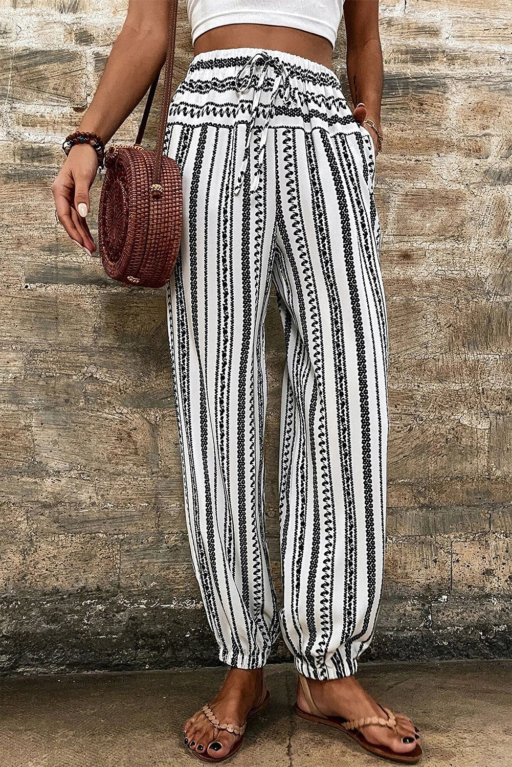 Black Stripe Boho Striped Print Casual Pants - Getyourglamon 