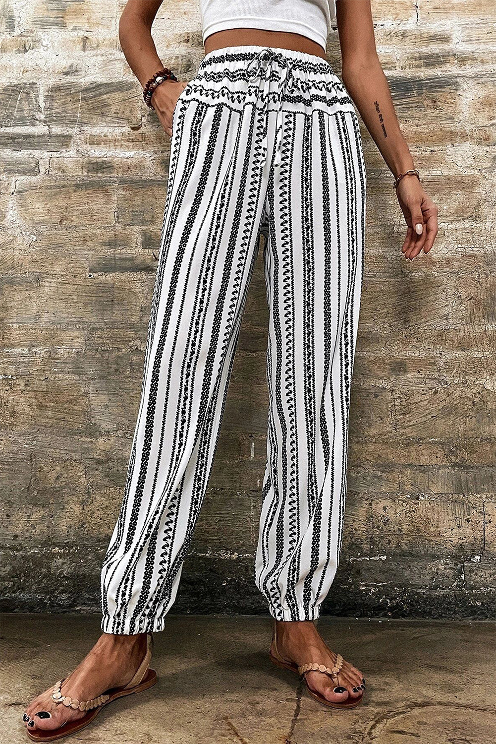 Black Stripe Boho Striped Print Casual Pants - Getyourglamon 