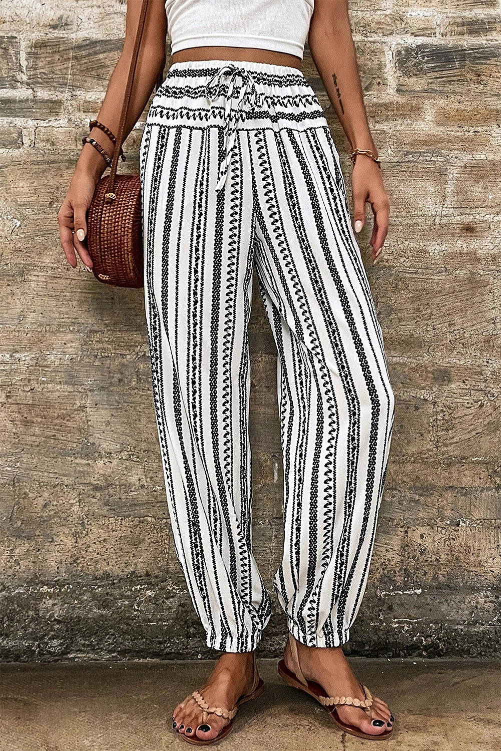 Black Stripe Boho Striped Print Casual Pants - Getyourglamon 