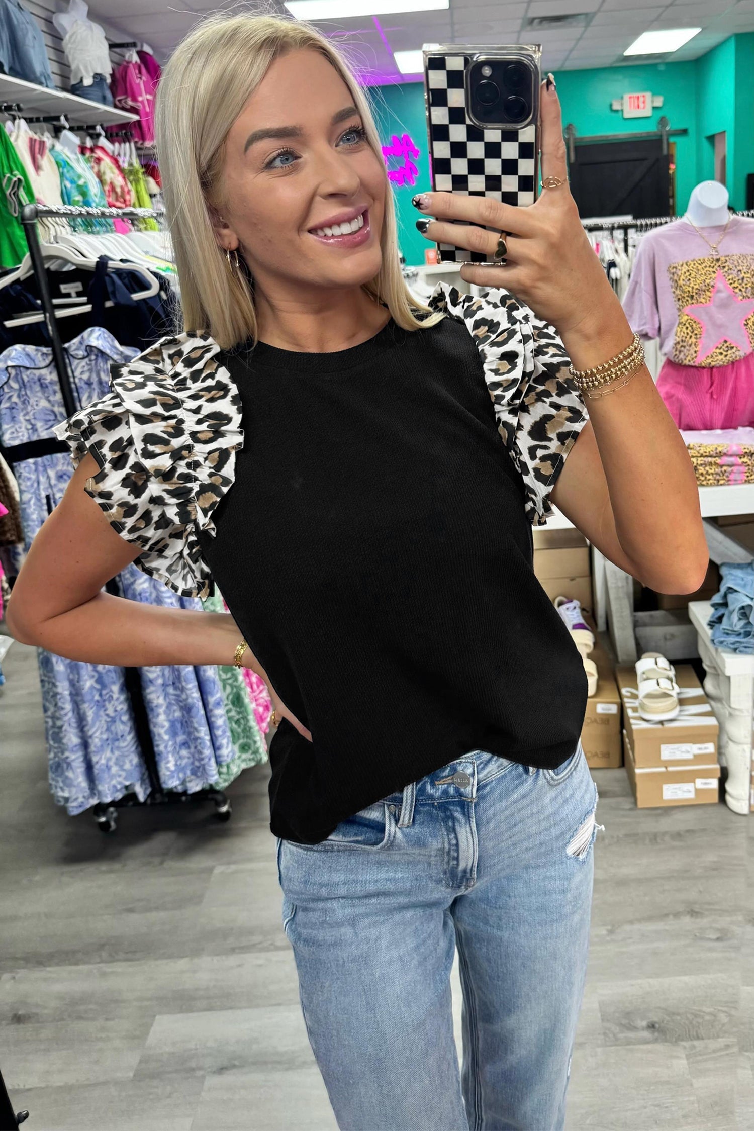 Black Contrast Leopard Ruffled Short Sleeve Ribbed Knit Top - Getyourglamon 