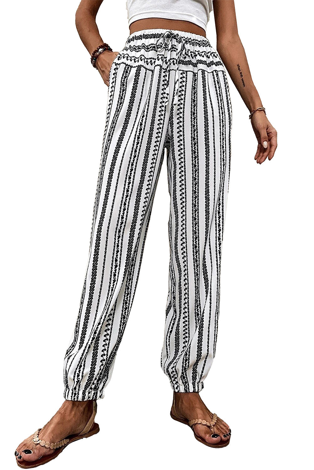 Black Stripe Boho Striped Print Casual Pants - Getyourglamon 