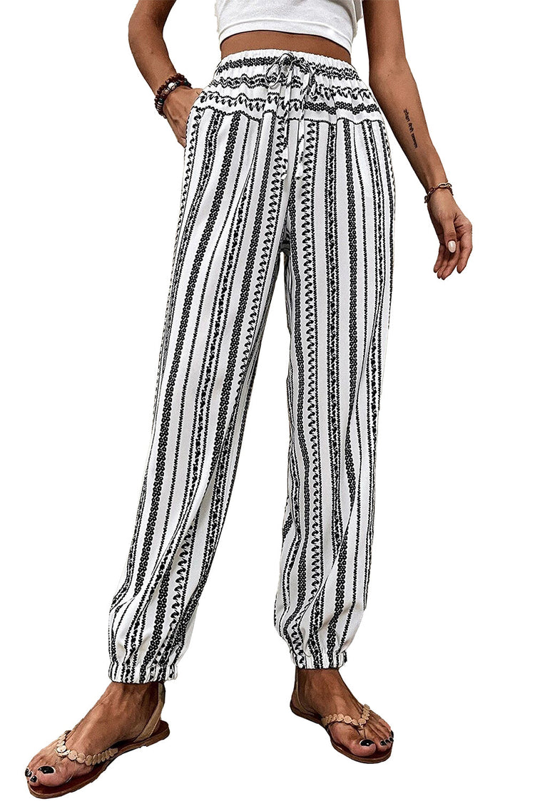 Black Stripe Boho Striped Print Casual Pants - Getyourglamon 